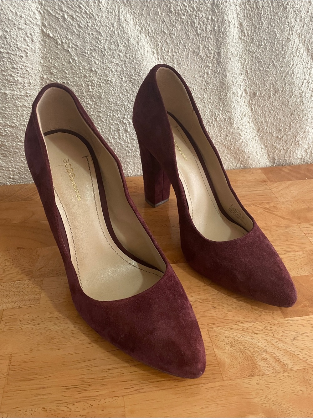 BCBGeneration Burgundy Suede Pointed-Toe Block Heel Pumps